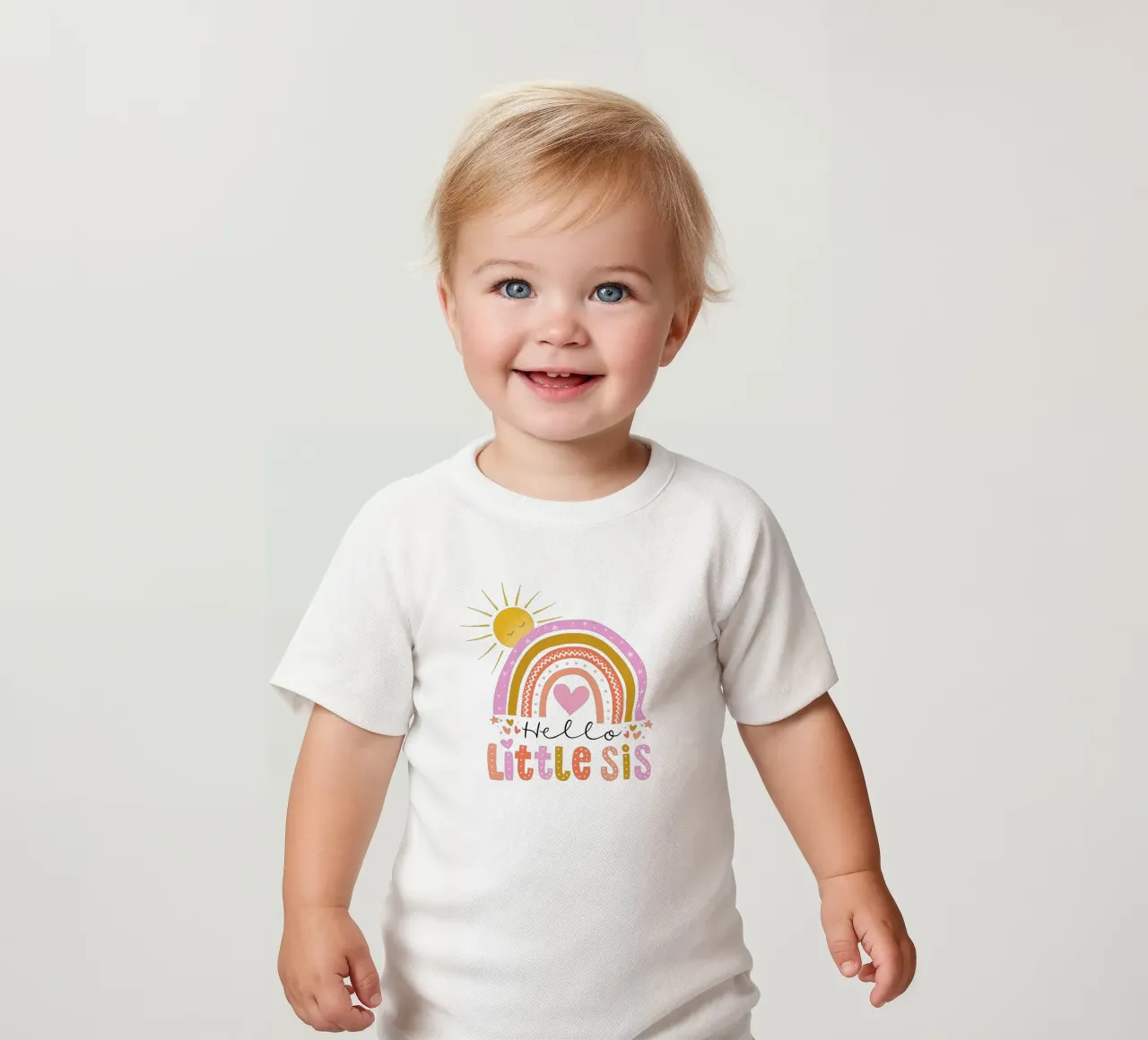 Hello little sister. Rainbow, sun and heart baby t-shirt by CalliLetters