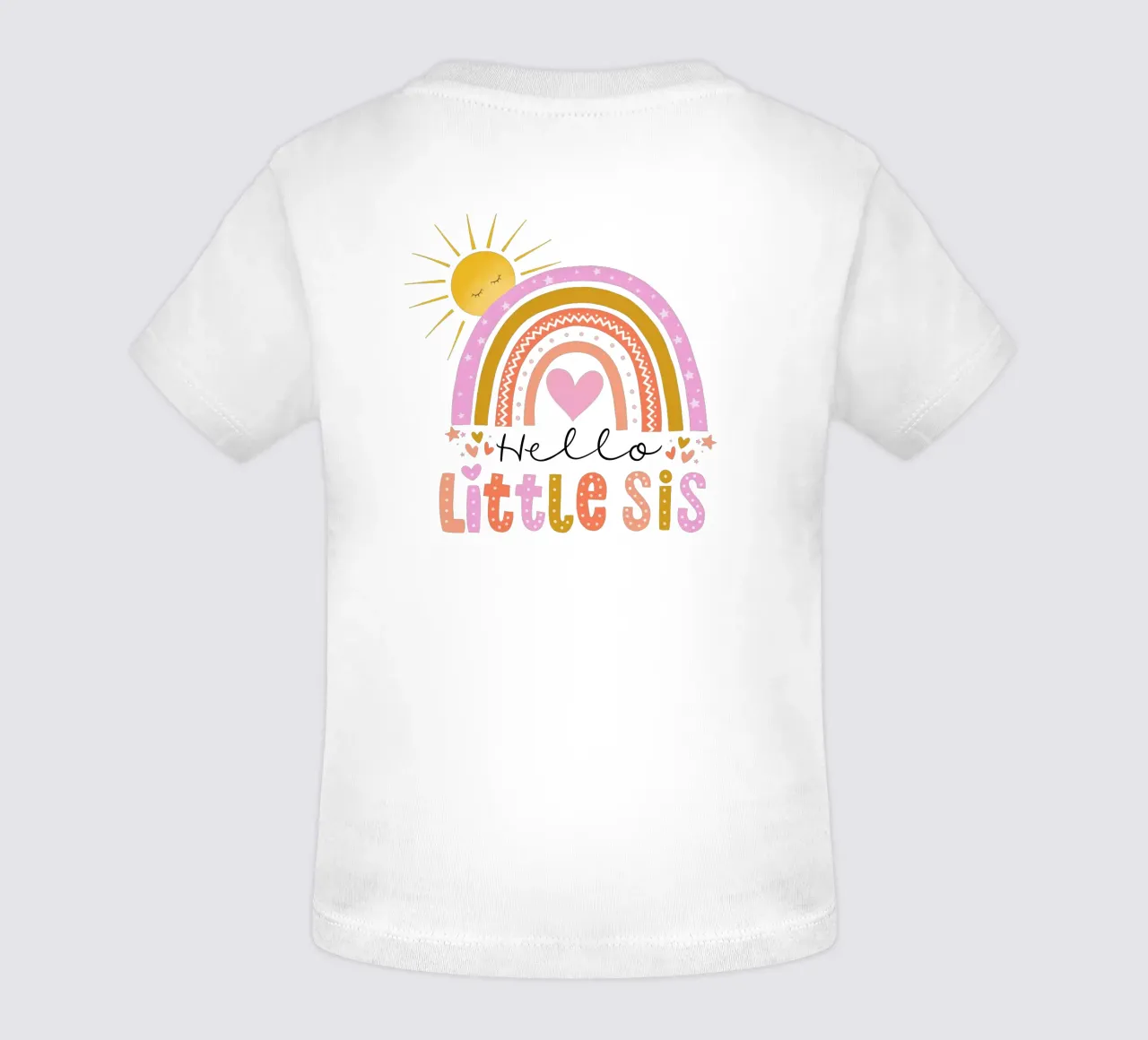 Hello little sister. Rainbow, sun and heart baby t-shirt by CalliLetters