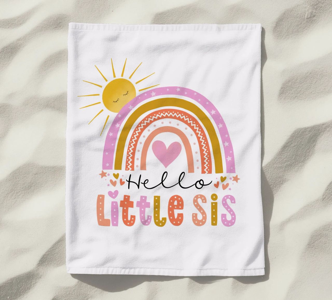 Ciao sorellina. Arcobaleno, sole e cuore telo mare da CalliLetters
