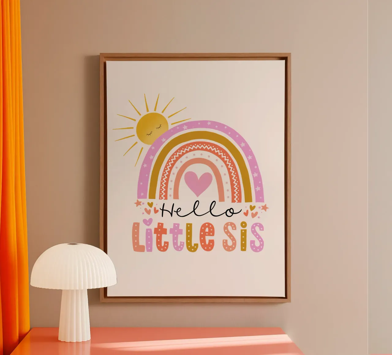 Ciao sorellina. Arcobaleno, sole e cuore tela con Cornice a cassetta da CalliLetters