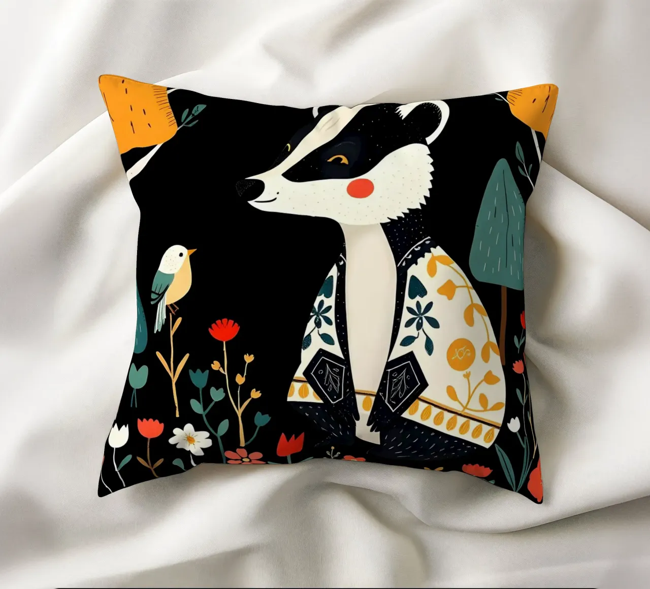 BADGER WOODLAND FOLK ART decorative cushion by COLLEEN CRAFTS