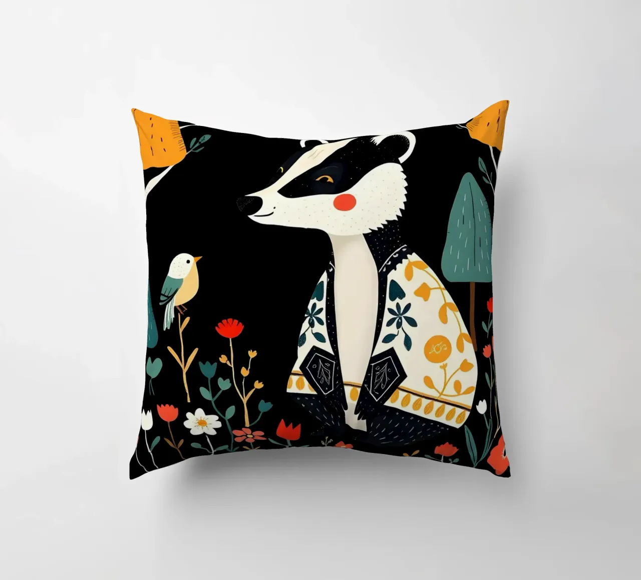 BADGER WOODLAND FOLK ART decorative cushion by COLLEEN CRAFTS