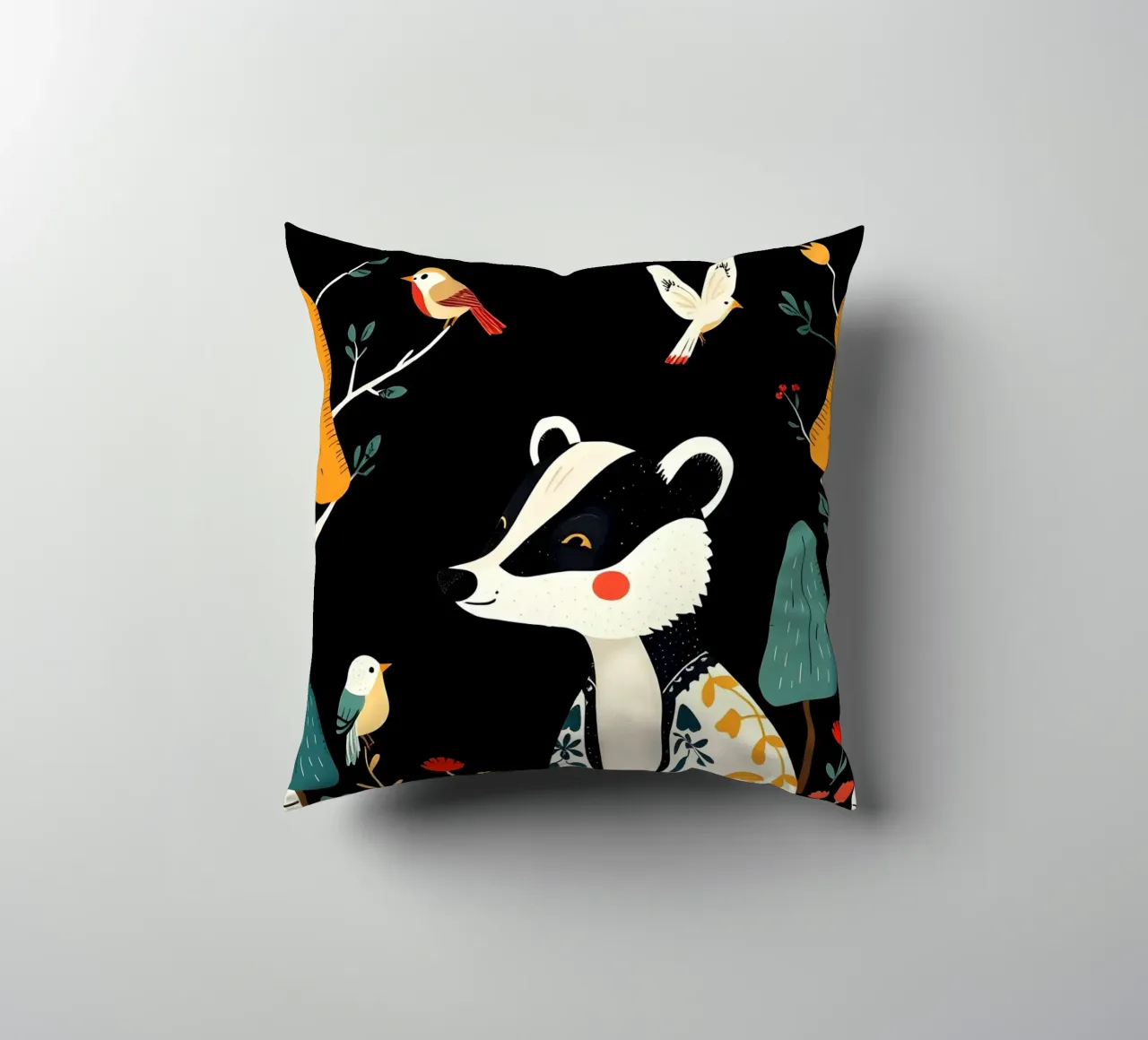 BADGER WOODLAND FOLK ART decorative cushion by COLLEEN CRAFTS