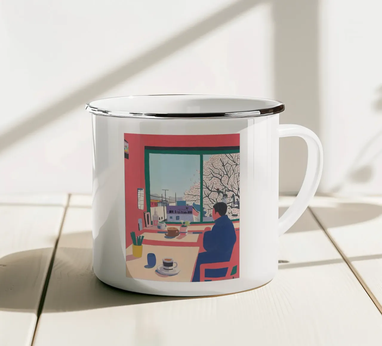 Momenti di calma giapponese al caffè - Vita accogliente in arte pastello tazza in smalto da Kaji