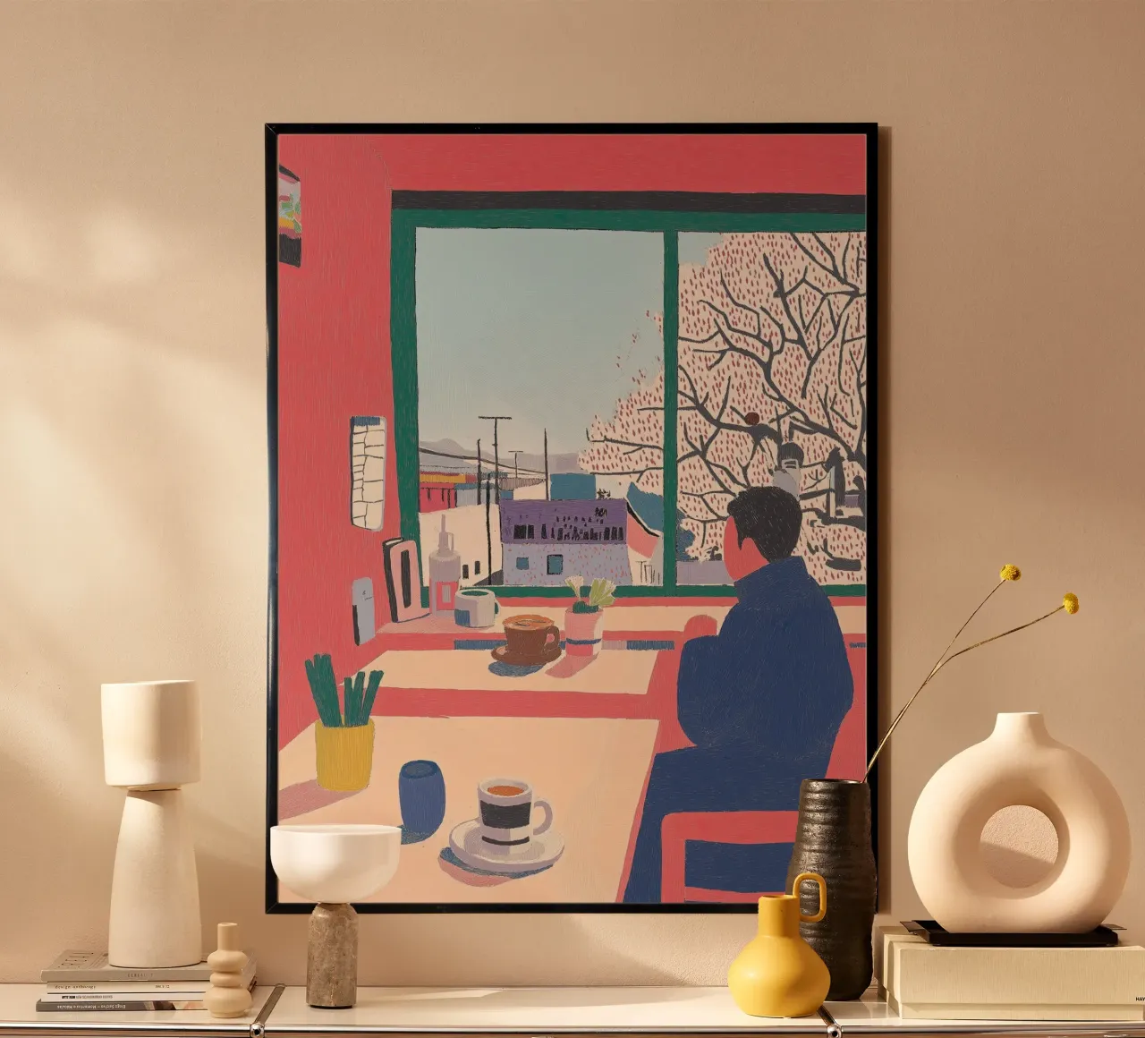 Momenti di calma giapponese al caffè - Vita accogliente in arte pastello poster da Kaji