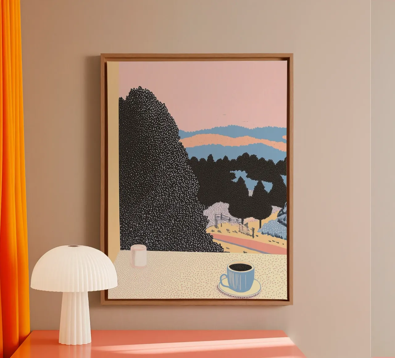 Pastelkoffie Monrning Art - Creatieve & Rustige Natuur Poster canvas met Baklijst van Kaji
