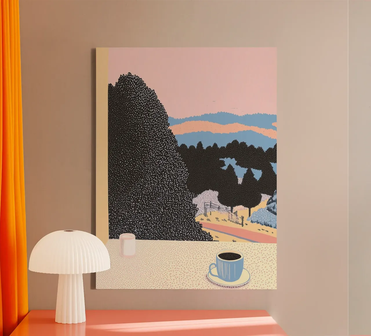 Pastelkoffie Monrning Art - Creatieve & Rustige Natuur Poster canvas met Baklijst van Kaji