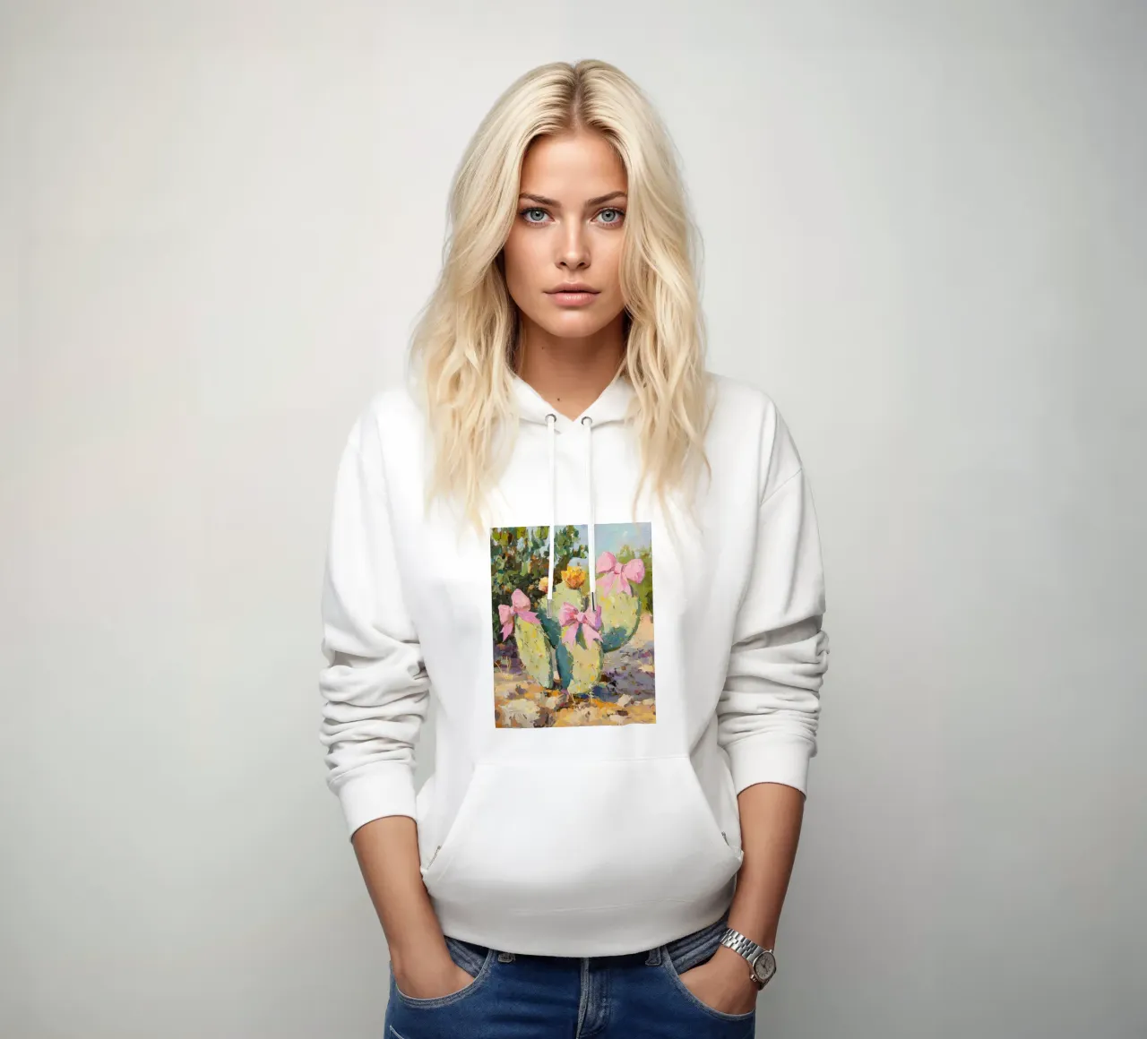 Cactus rosa con fiocco Botanical Boho Desert Tropical Succulent Art felpa con cappuccio da Gentle Echoes Art