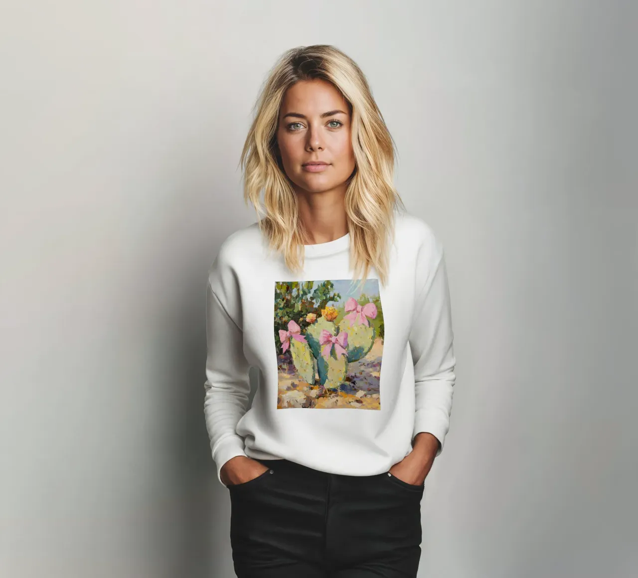 Cactus rosa con fiocco Botanical Boho Desert Tropical Succulent Art felpa da Gentle Echoes Art