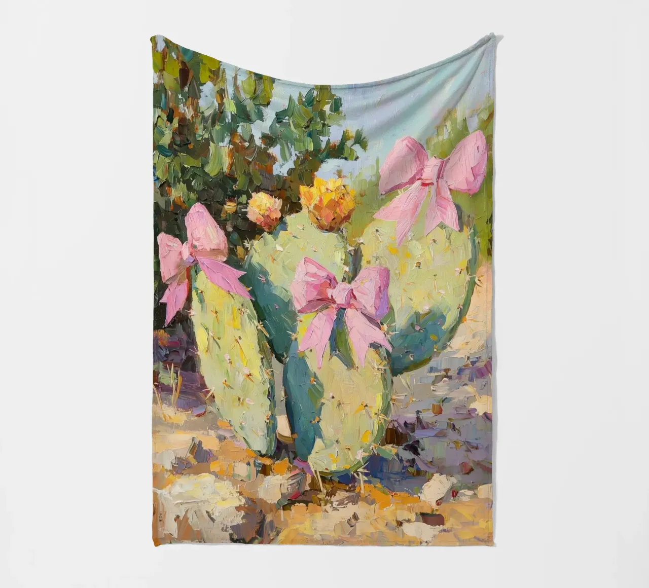 Cactus rosa con fiocco Botanical Boho Desert Tropical Succulent Art coperta in pile da Gentle Echoes Art