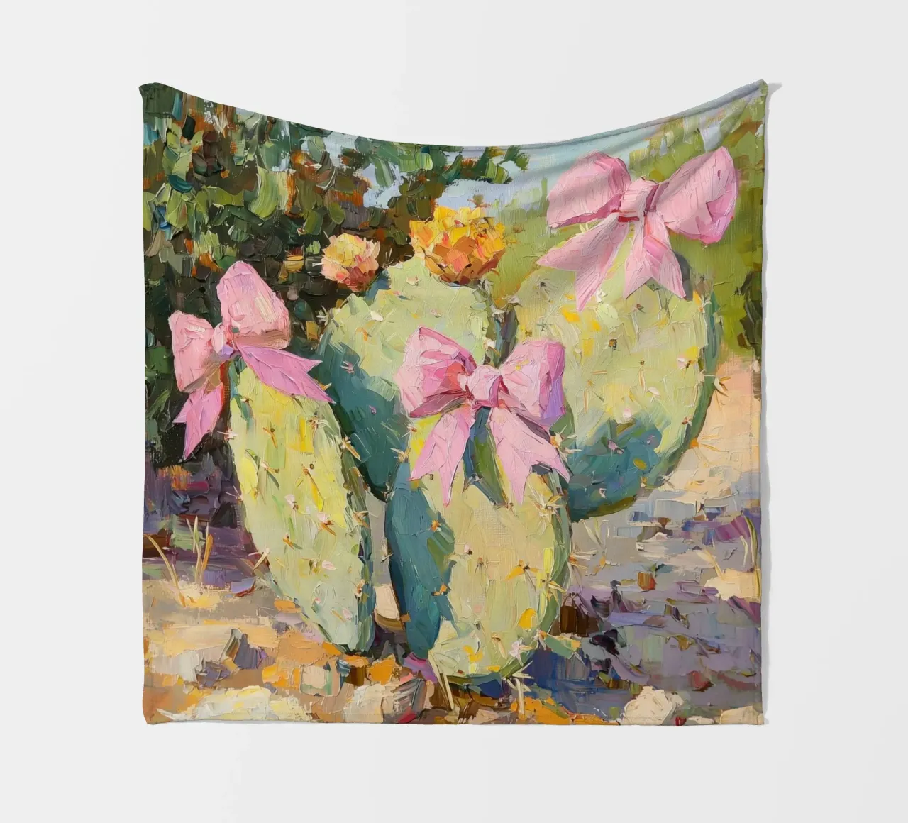 Cactus rosa con fiocco Botanical Boho Desert Tropical Succulent Art coperta in pile da Gentle Echoes Art