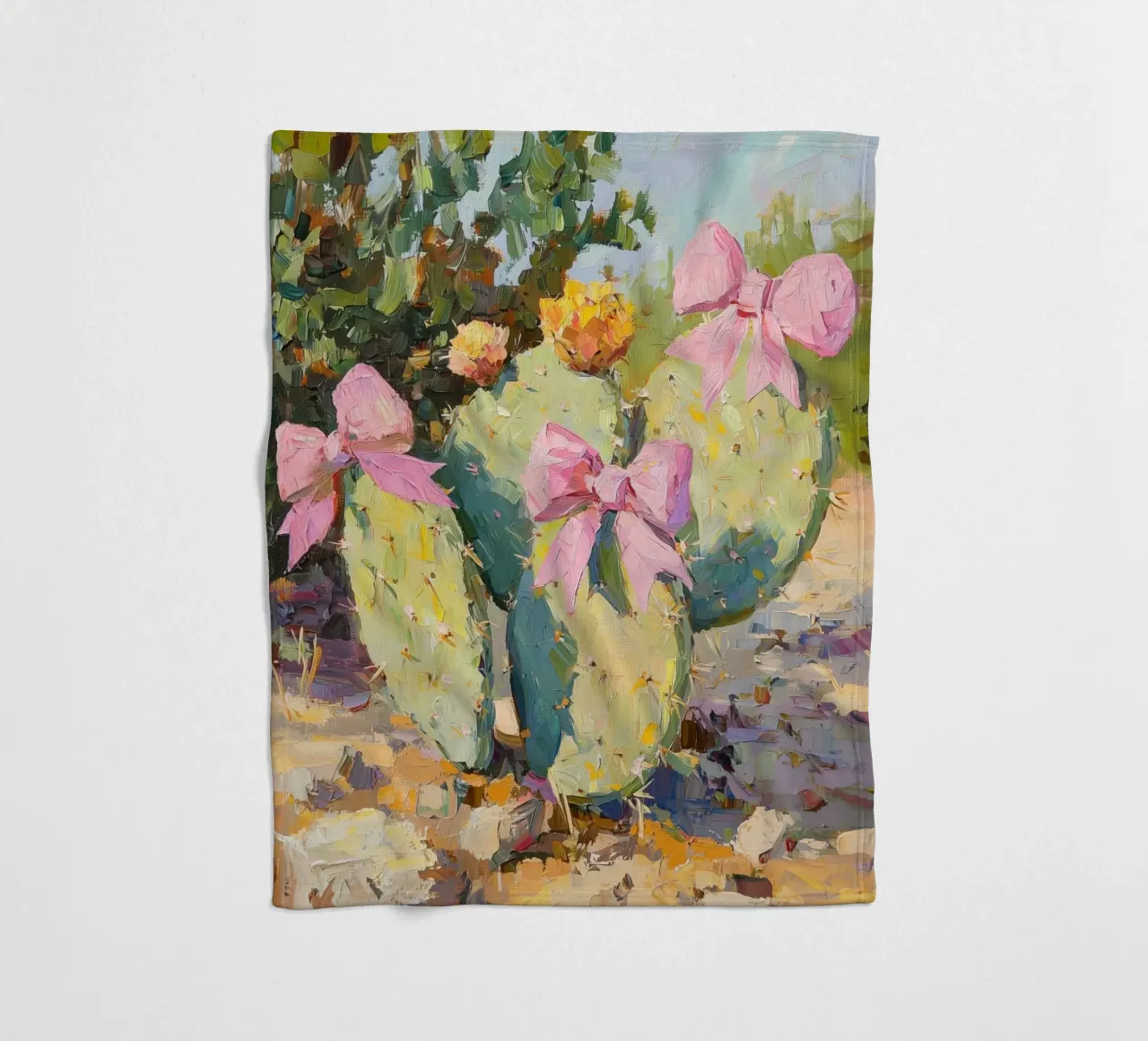 Cactus rosa con fiocco Botanical Boho Desert Tropical Succulent Art coperta in pile da Gentle Echoes Art
