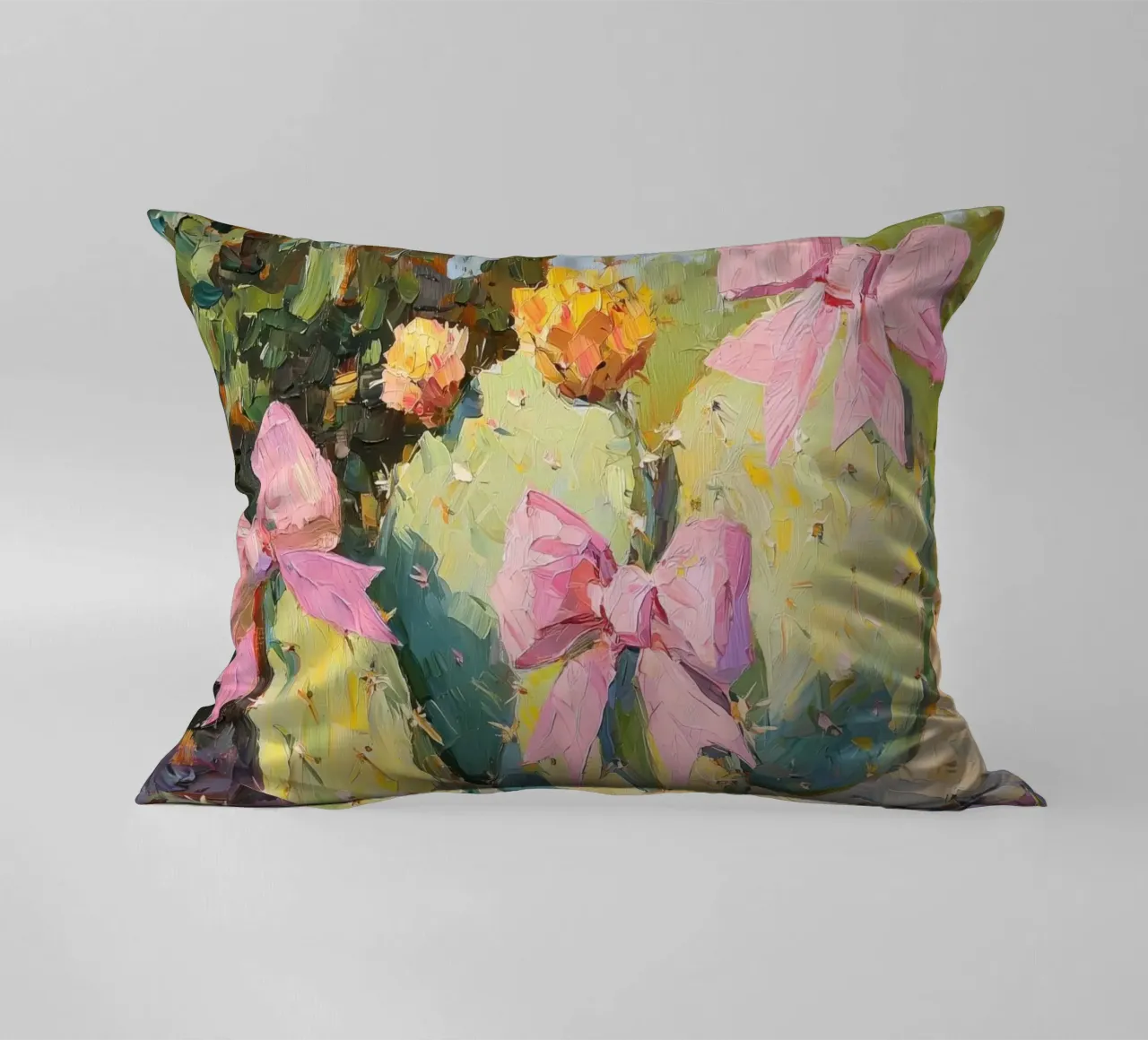 Cactus rosa con fiocco Botanical Boho Desert Tropical Succulent Art cuscino da Gentle Echoes Art