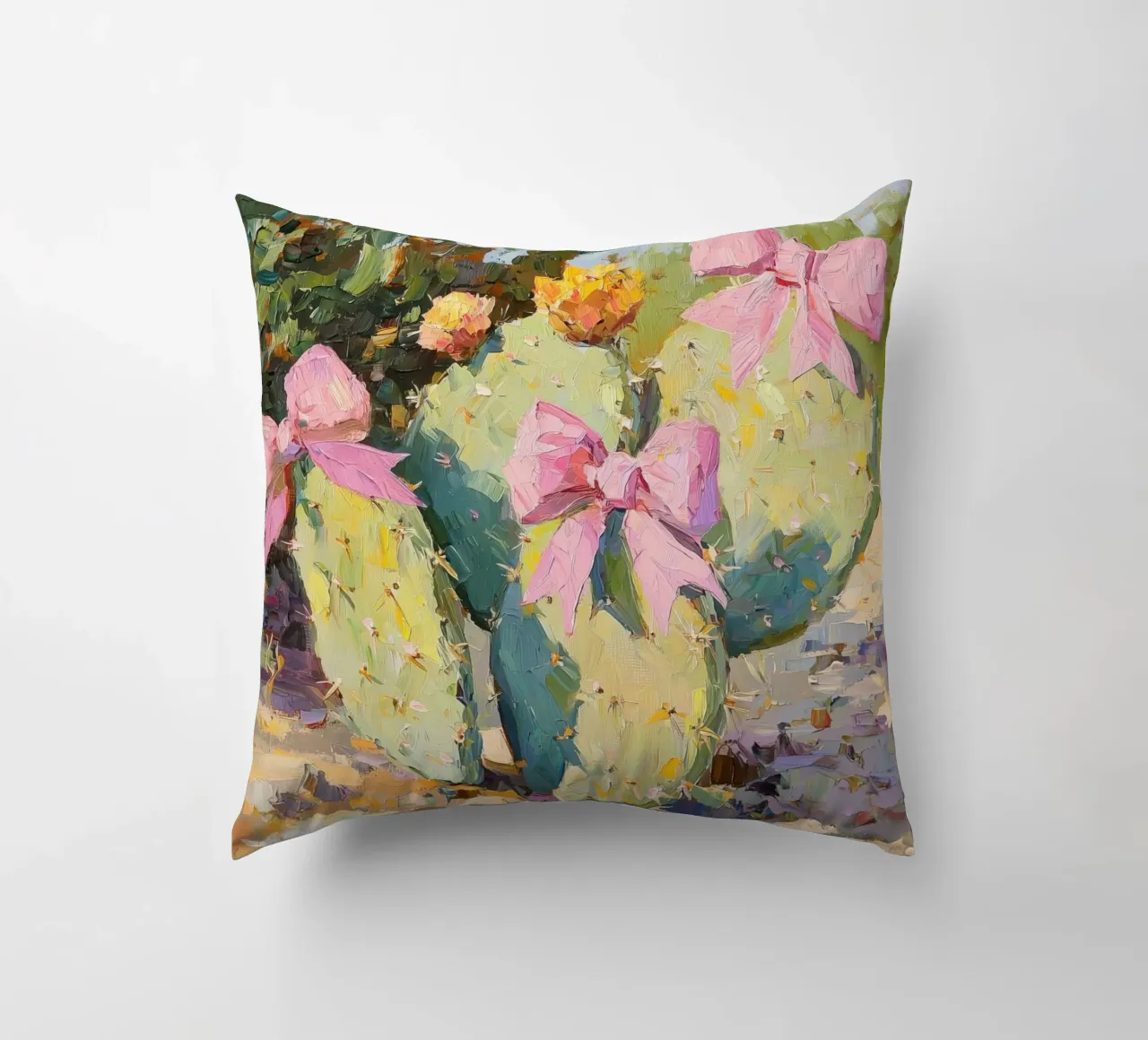 Cactus rosa con fiocco Botanical Boho Desert Tropical Succulent Art cuscino da Gentle Echoes Art