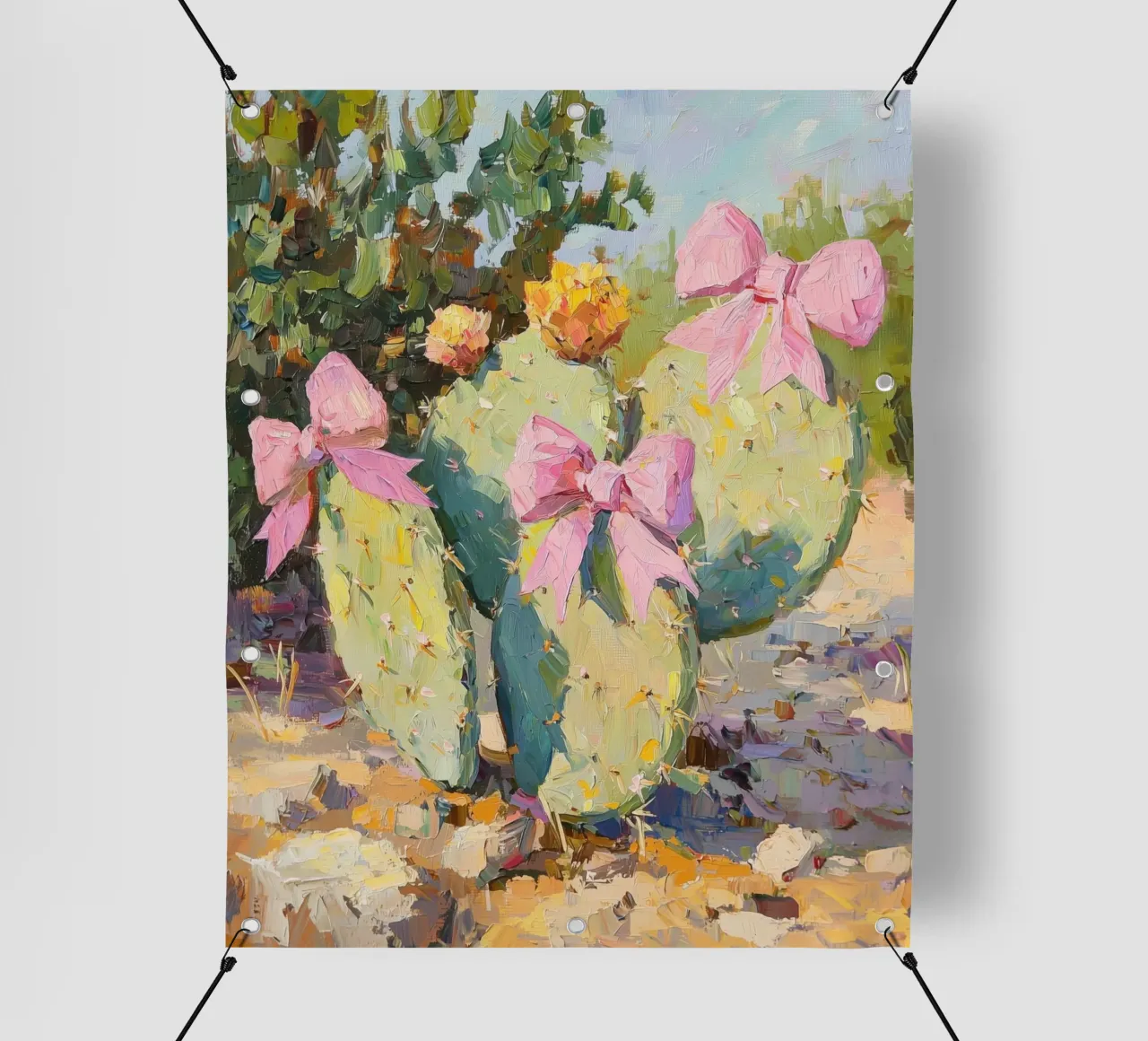 Cactus rosa con fiocco Botanical Boho Desert Tropical Succulent Art telo in pvc da Gentle Echoes Art
