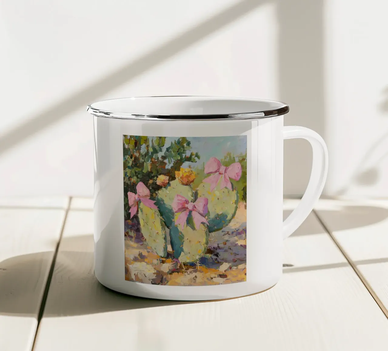 Cactus rosa con fiocco Botanical Boho Desert Tropical Succulent Art tazza in smalto da Gentle Echoes Art