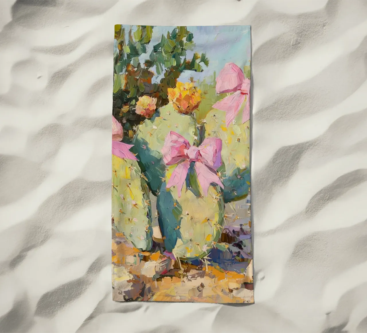 Cactus rosa con fiocco Botanical Boho Desert Tropical Succulent Art telo mare da Gentle Echoes Art