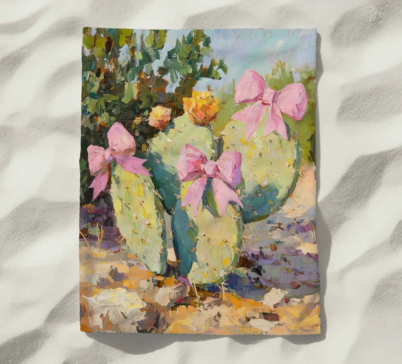 Cactus rosa con fiocco Botanical Boho Desert Tropical Succulent Art telo mare da Gentle Echoes Art