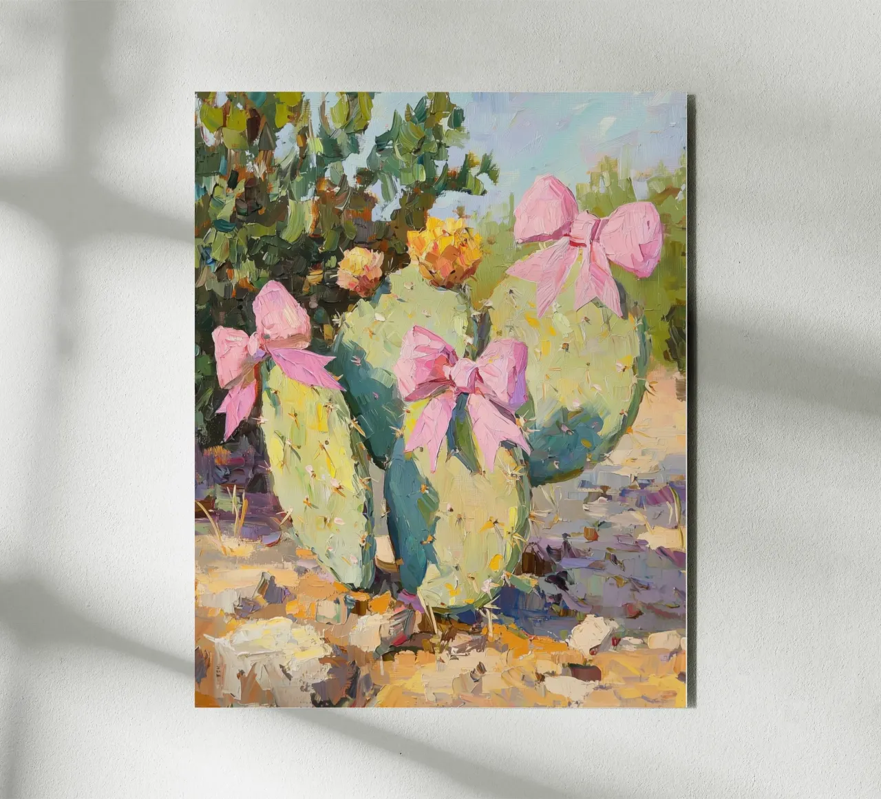 Cactus rosa con fiocco Botanical Boho Desert Tropical Succulent Art alluminio dibond da Gentle Echoes Art
