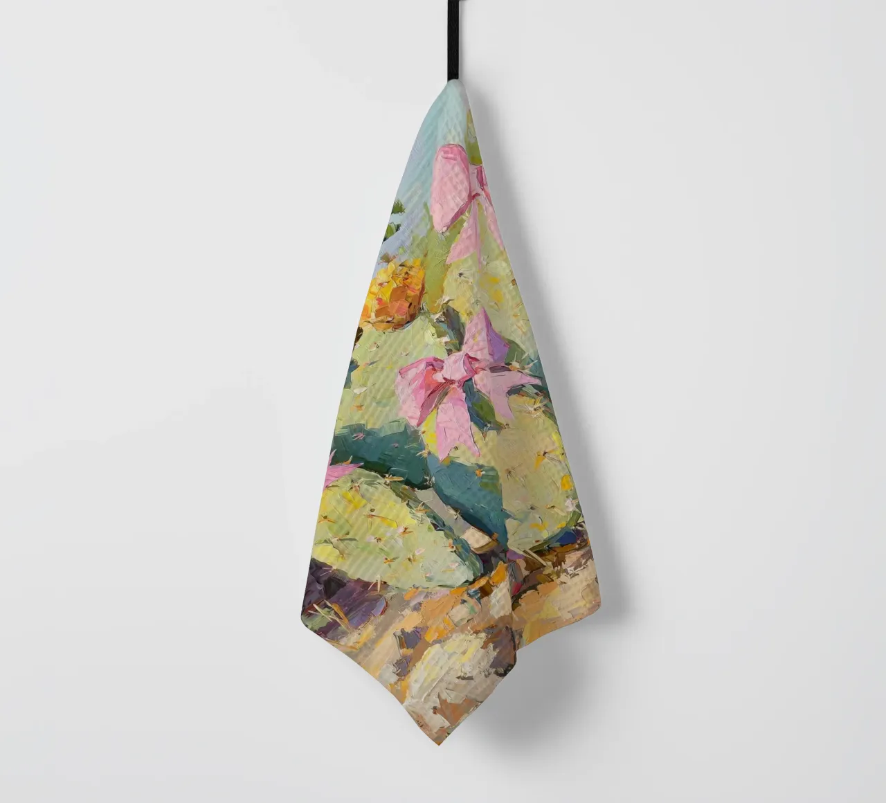 Cactus rosa con fiocco Botanical Boho Desert Tropical Succulent Art canovaccio da cucina da Gentle Echoes Art