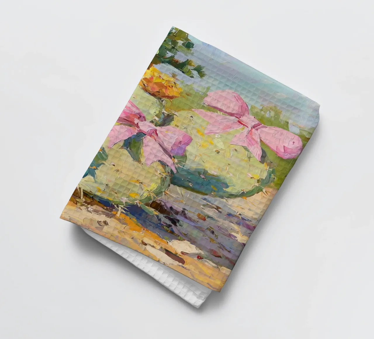 Cactus rosa con fiocco Botanical Boho Desert Tropical Succulent Art canovaccio da cucina da Gentle Echoes Art
