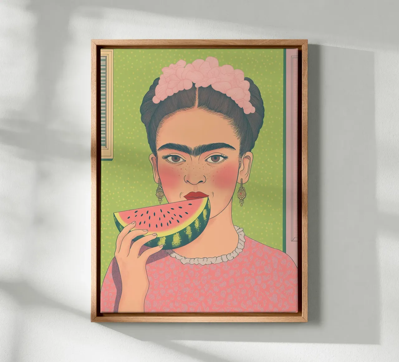 Frida Kahlo Pop Art mit Wassermelone | Auch Duschvorhang! Leinwand mit Schattenfugenrahmen von Kaji