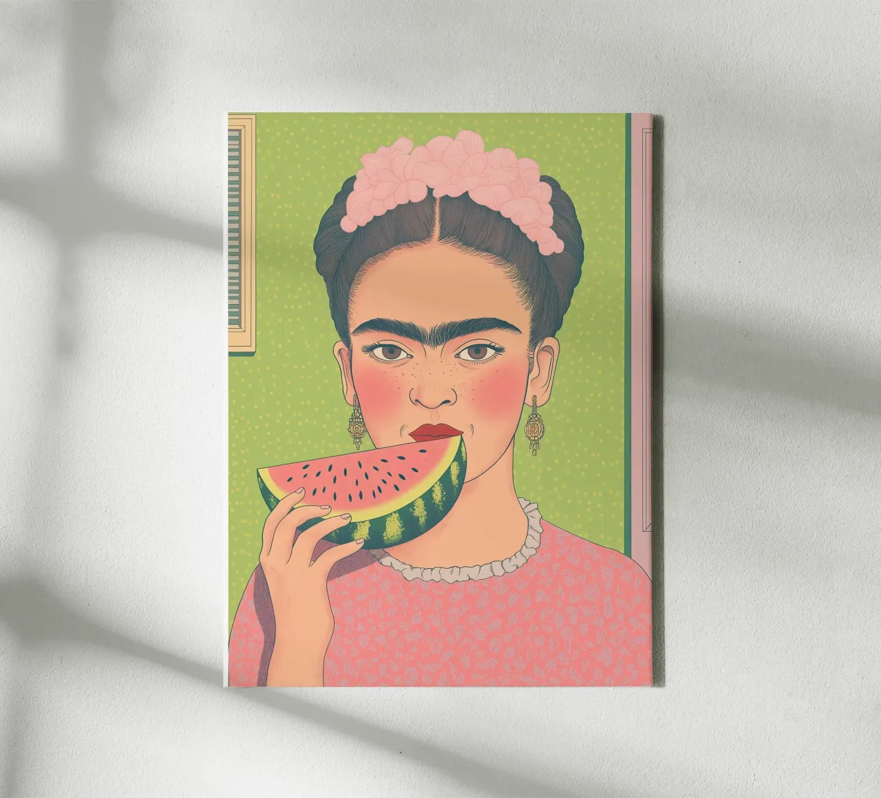 Frida Kahlo Pop Art mit Wassermelone | Auch Duschvorhang! Leinwand mit Schattenfugenrahmen von Kaji