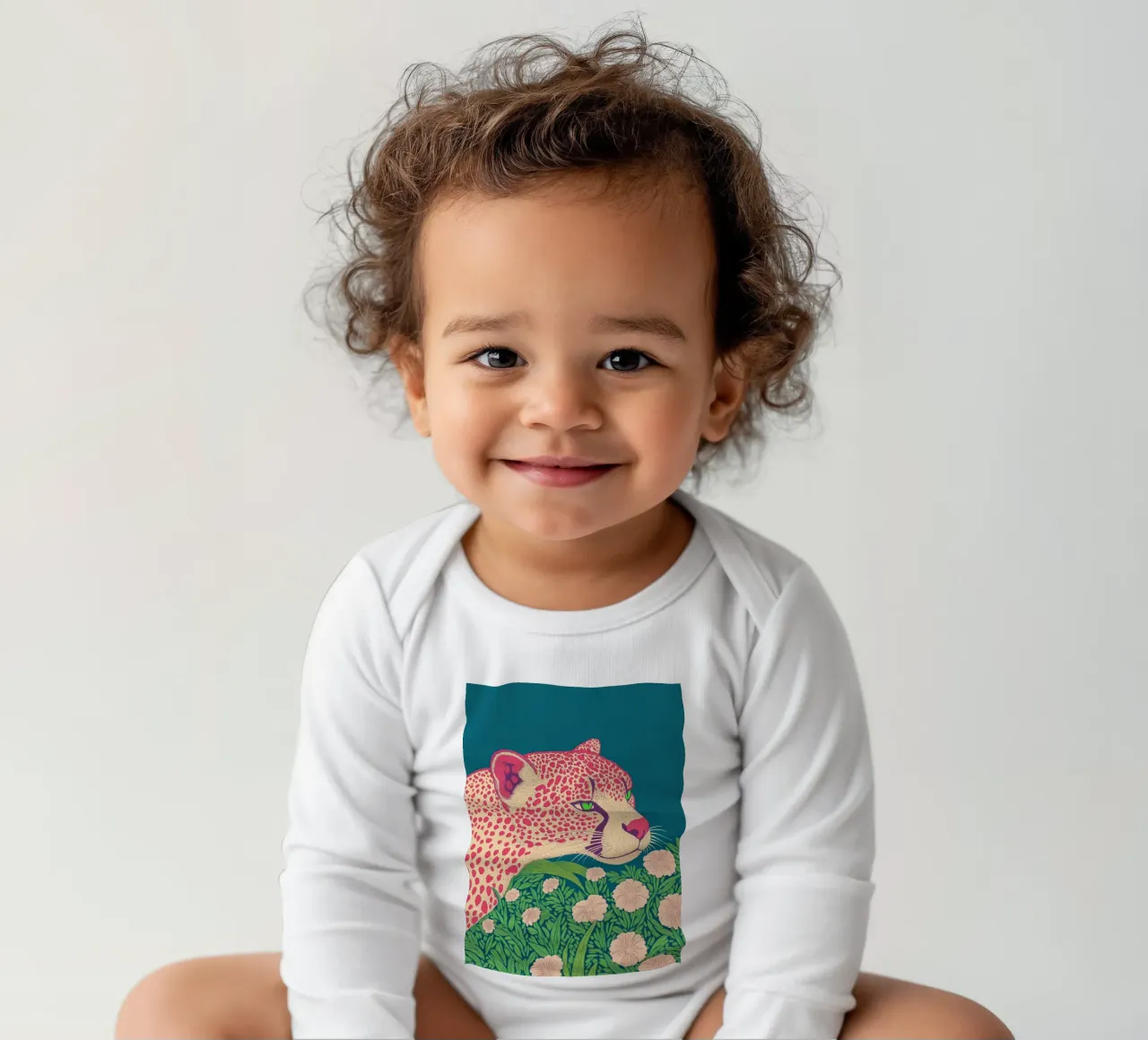 Stylish Spring Bloom Pink Leopard in a Cherry Blossom Jungle long-sleeve baby romper by Kaji