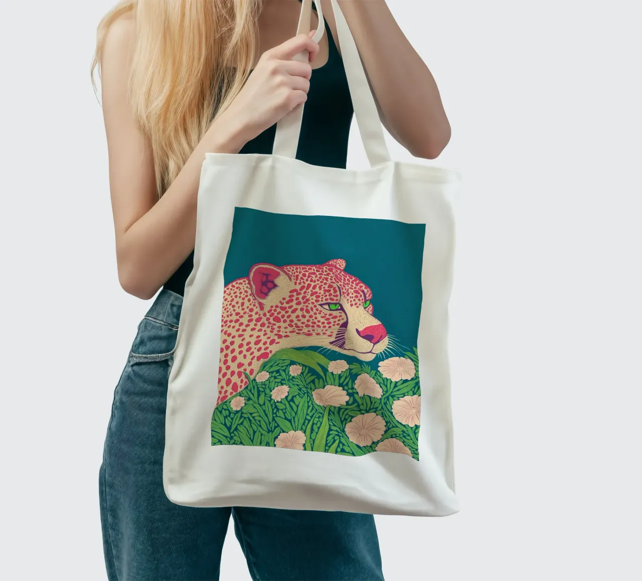 Elegante fiore di primavera Leopardo rosa in una giungla di ciliegi in fiore borsa in juta da Kaji