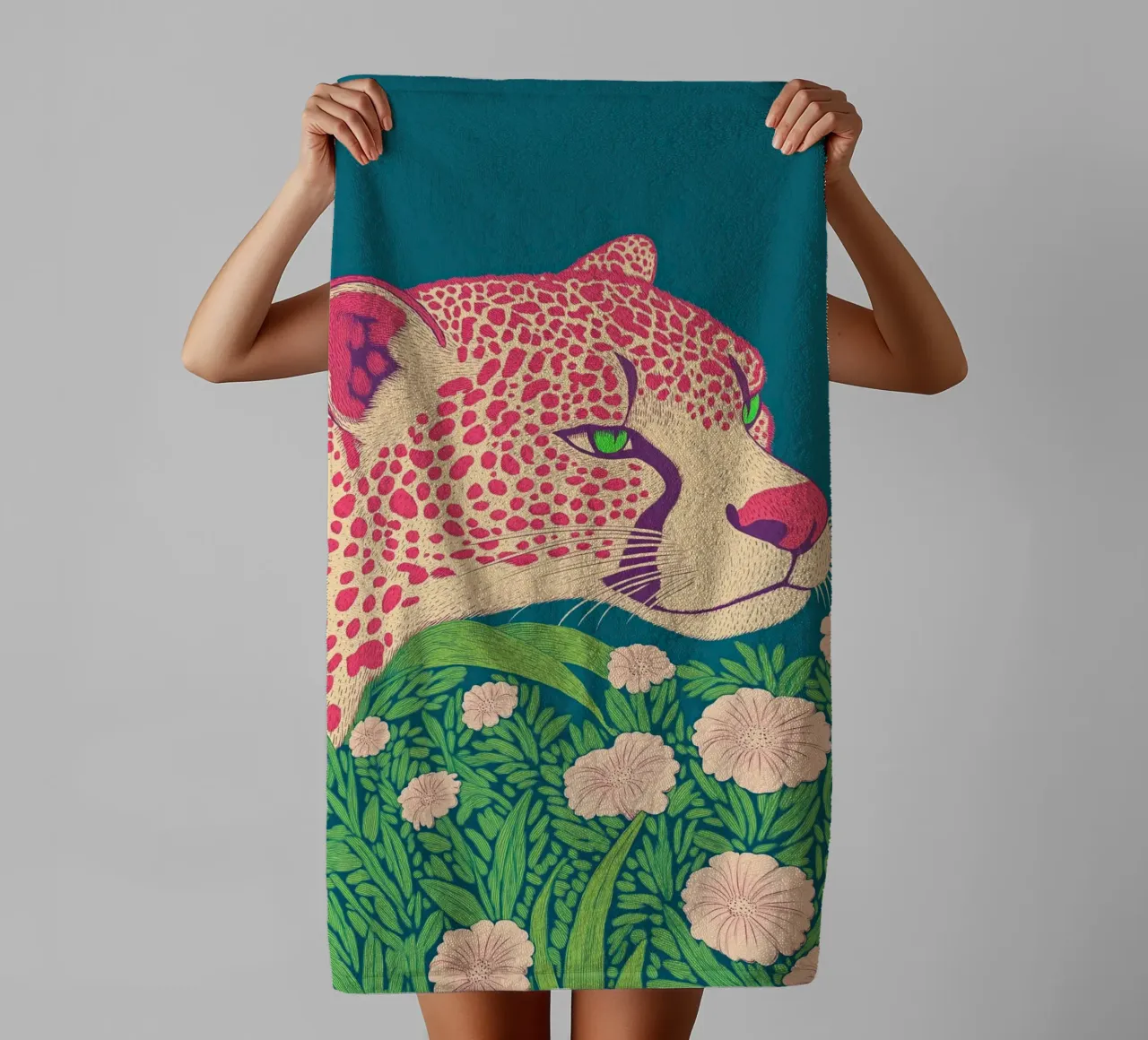 Stylish Spring Bloom Pink Leopard in a Cherry Blossom Jungle towel by Kaji