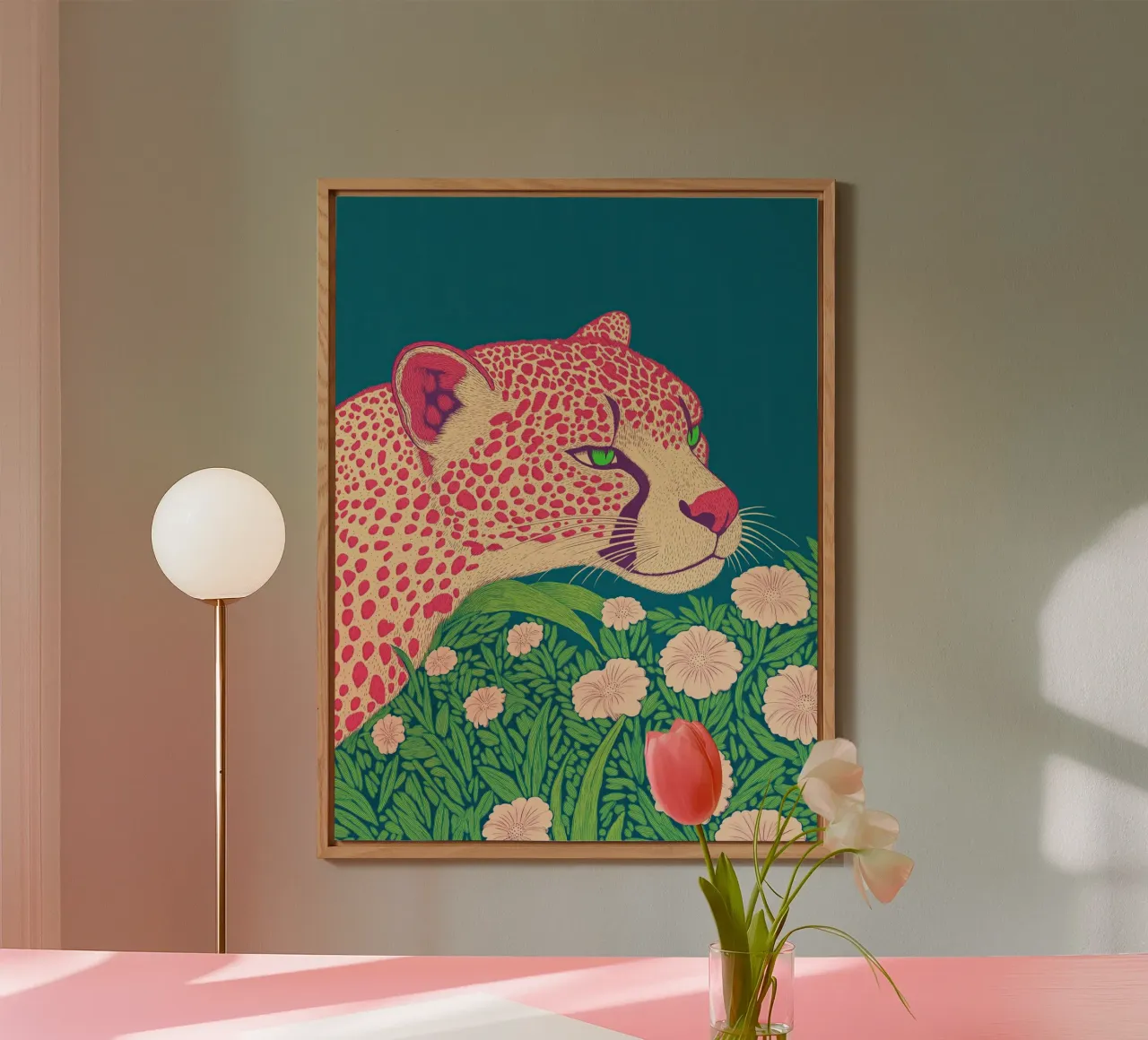 Elegante fiore di primavera Leopardo rosa in una giungla di ciliegi in fiore alluminio dibond da Kaji