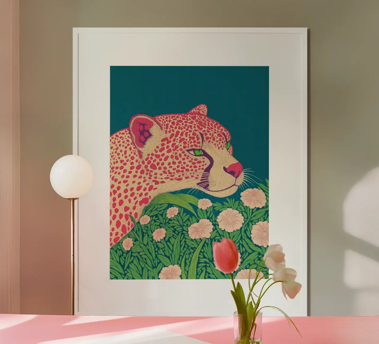 Elegante fiore di primavera Leopardo rosa in una giungla di ciliegi in fiore carta hahnemühle da Kaji