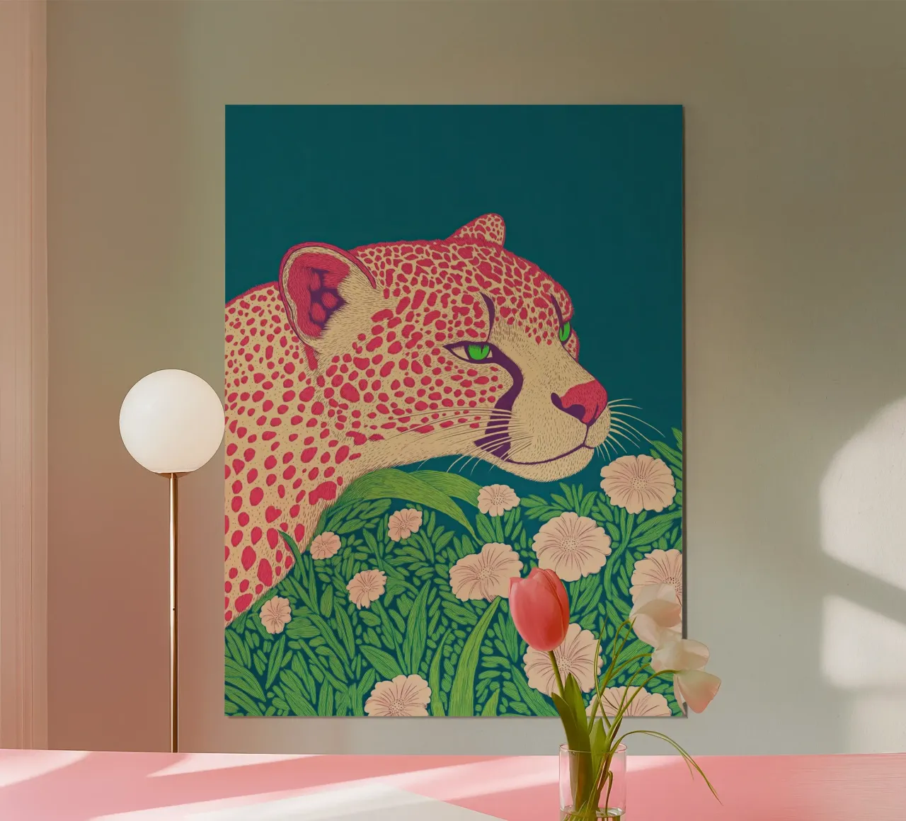 Elegante fiore di primavera Leopardo rosa in una giungla di ciliegi in fiore carta hahnemühle da Kaji