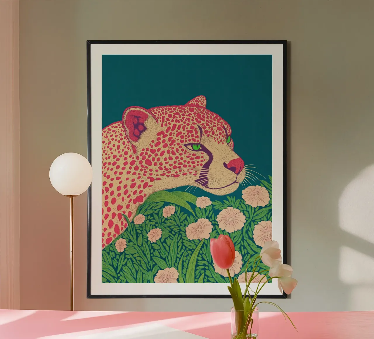 Elegante fiore di primavera Leopardo rosa in una giungla di ciliegi in fiore carta hahnemühle da Kaji