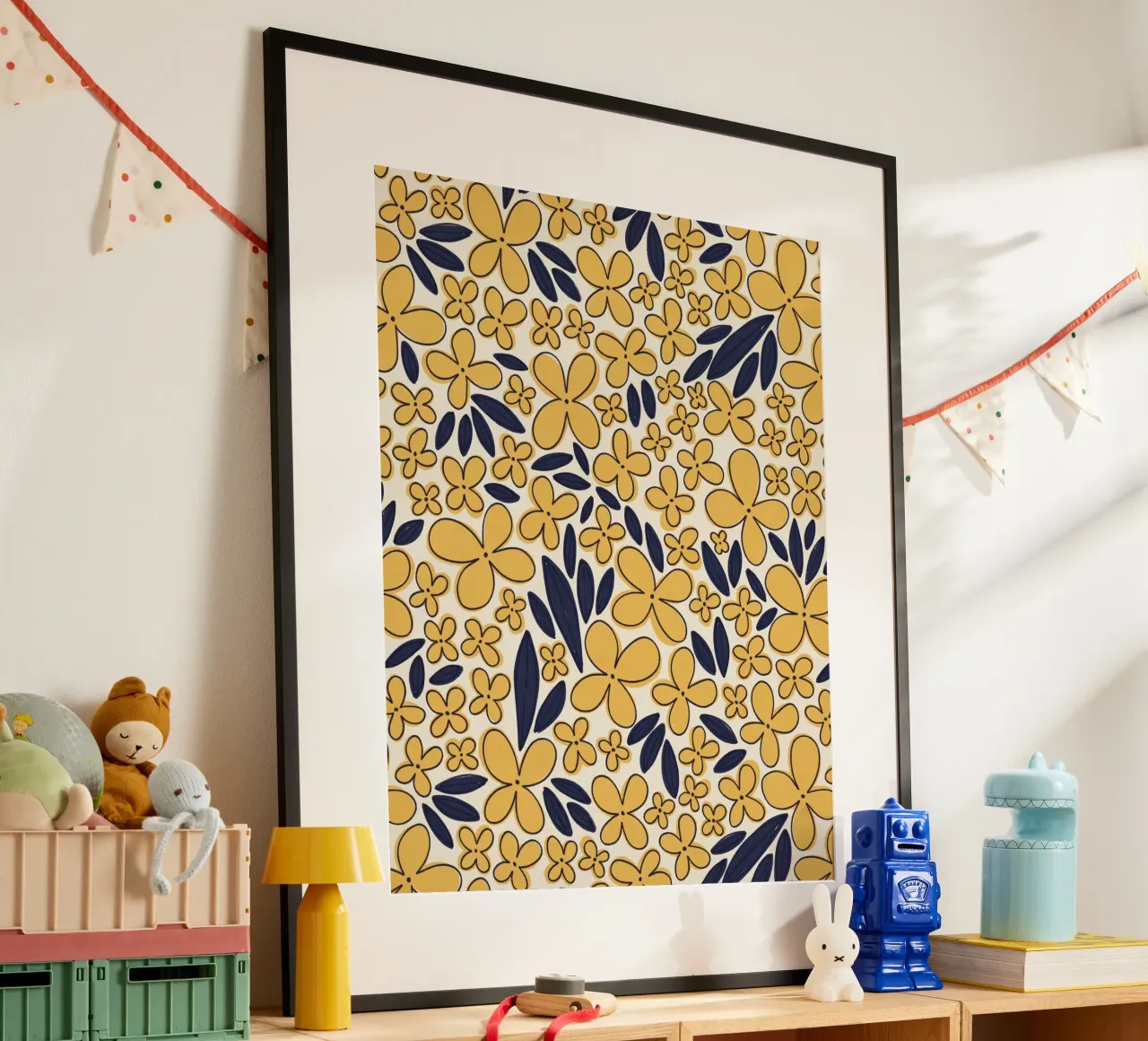 Motif de fleur à quatre feuilles / Jaune et bleu poster avec cadre en plastique de Alisa Galitsyna
