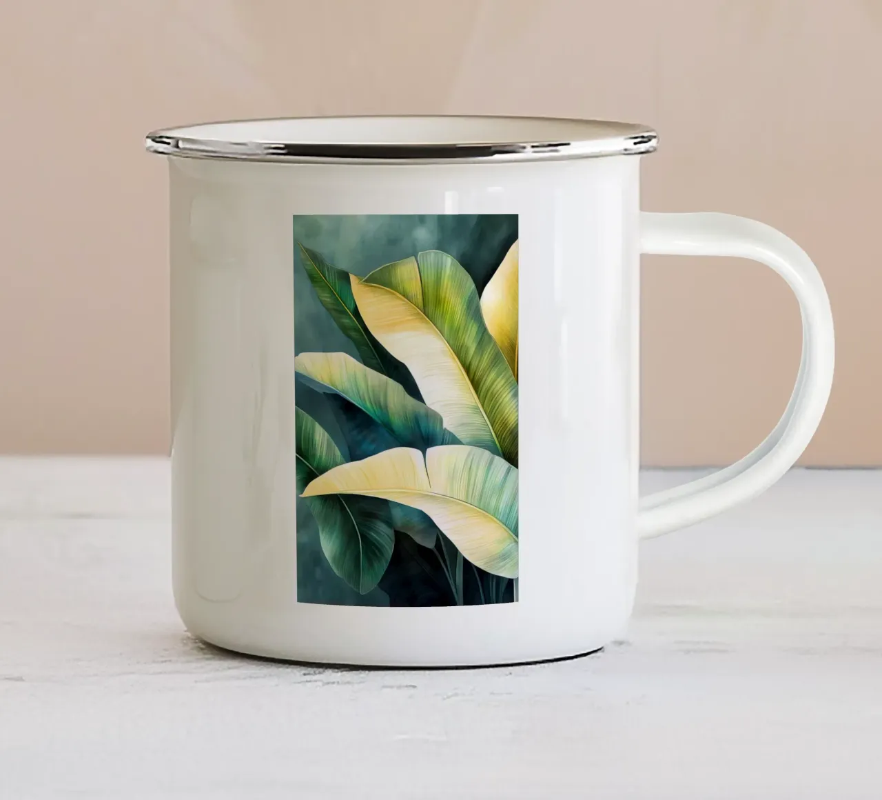 Groene en gele bananenbladeren emaille mok van Justyna Jaszke JBJart