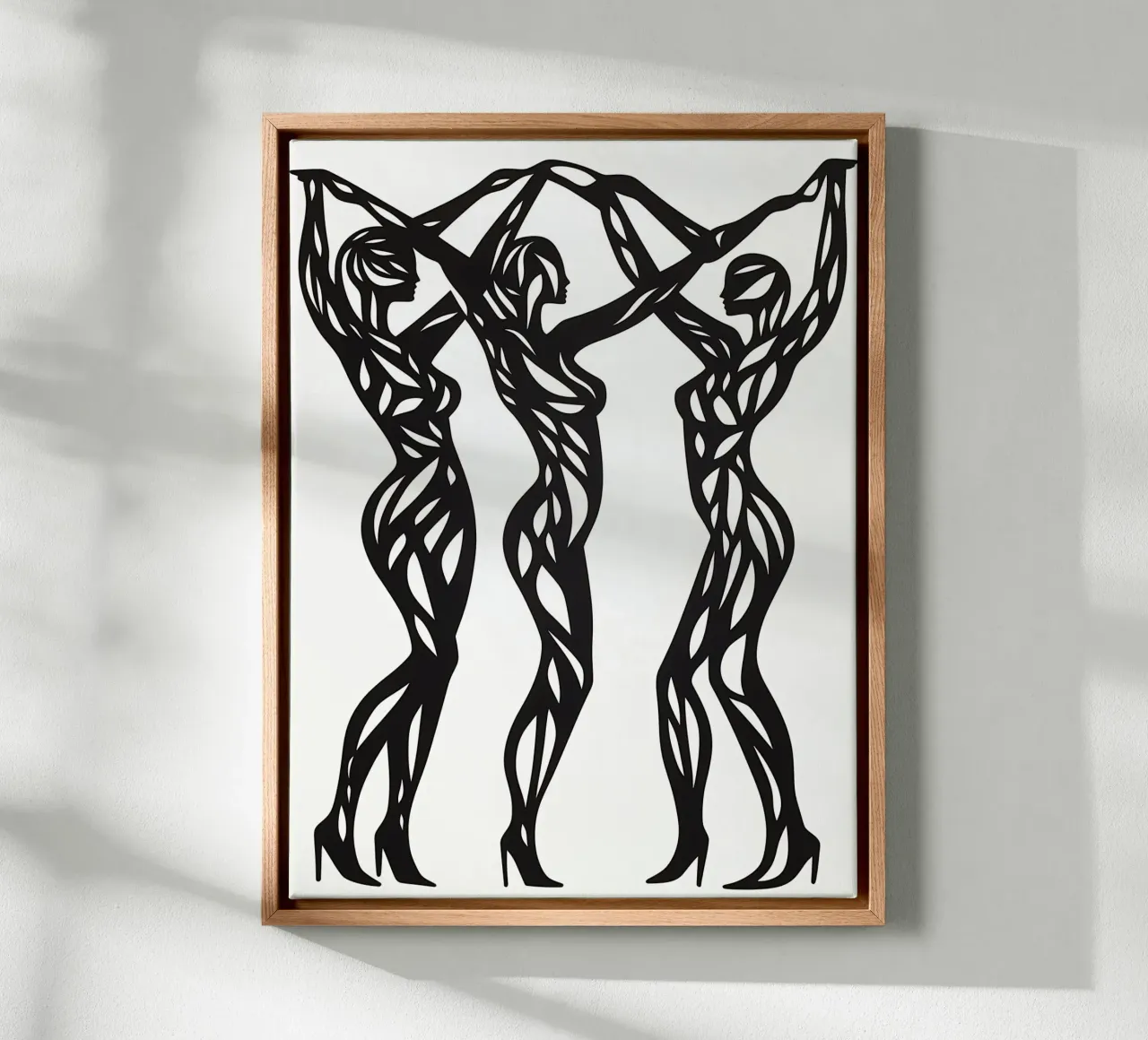 Drie naakte dansende vrouwen | Linosnede canvas met Baklijst van Autofocus