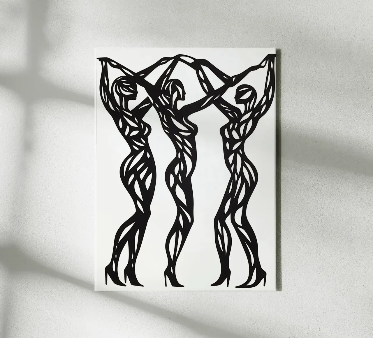 Drie naakte dansende vrouwen | Linosnede canvas met Baklijst van Autofocus