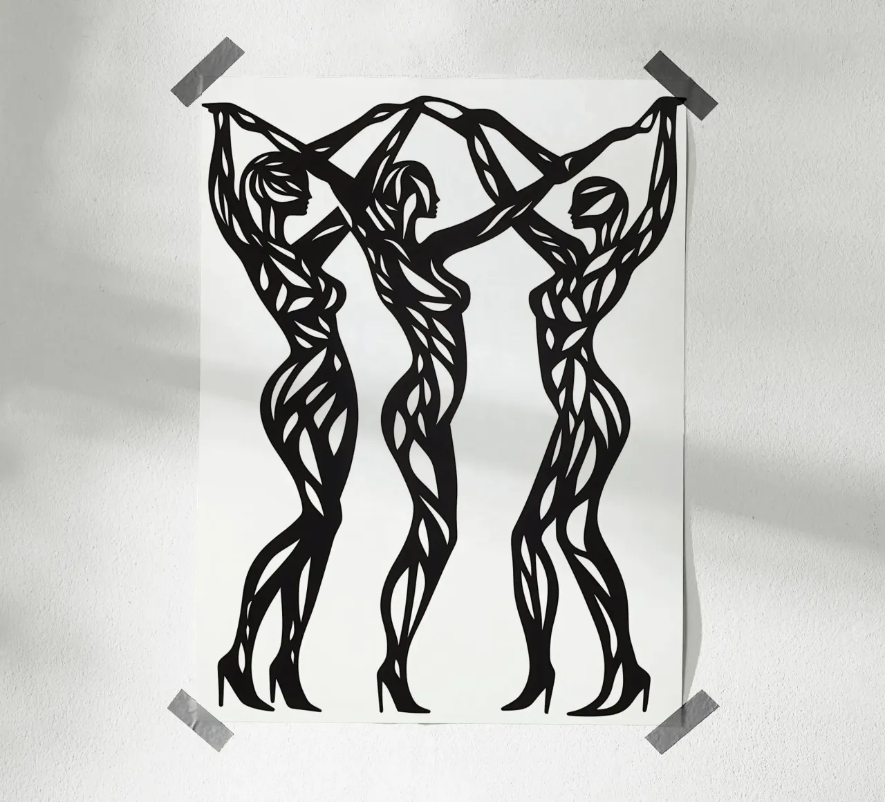 Trois femmes nues qui dansent | Style de linogravure poster de Autofocus