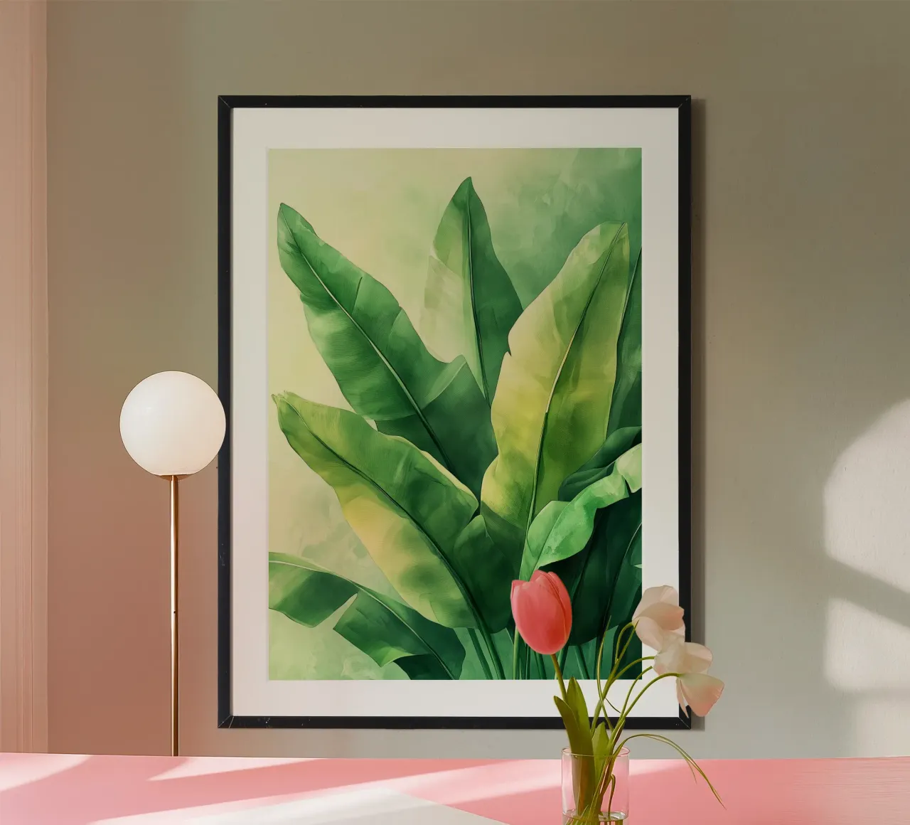 Foglie di banano verdi grandi poster con telaio in alluminio da Justyna Jaszke JBJart
