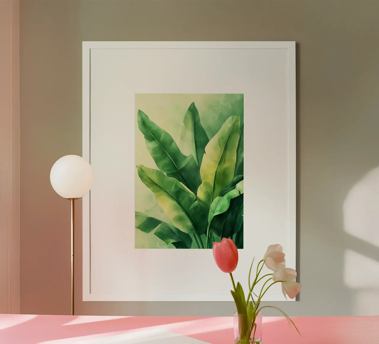 Foglie di banano verdi grandi poster con telaio in alluminio da Justyna Jaszke JBJart