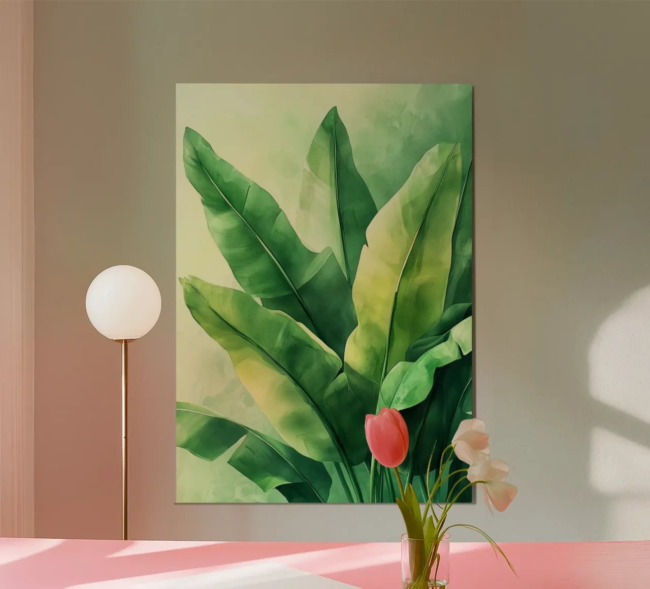 Foglie di banano verdi grandi poster con telaio in alluminio da Justyna Jaszke JBJart