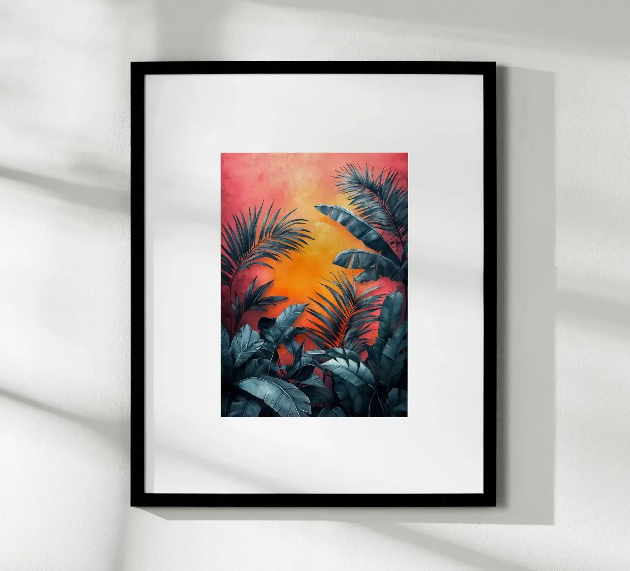 Palme e foglie tropicali poster con telaio in alluminio da Justyna Jaszke JBJart