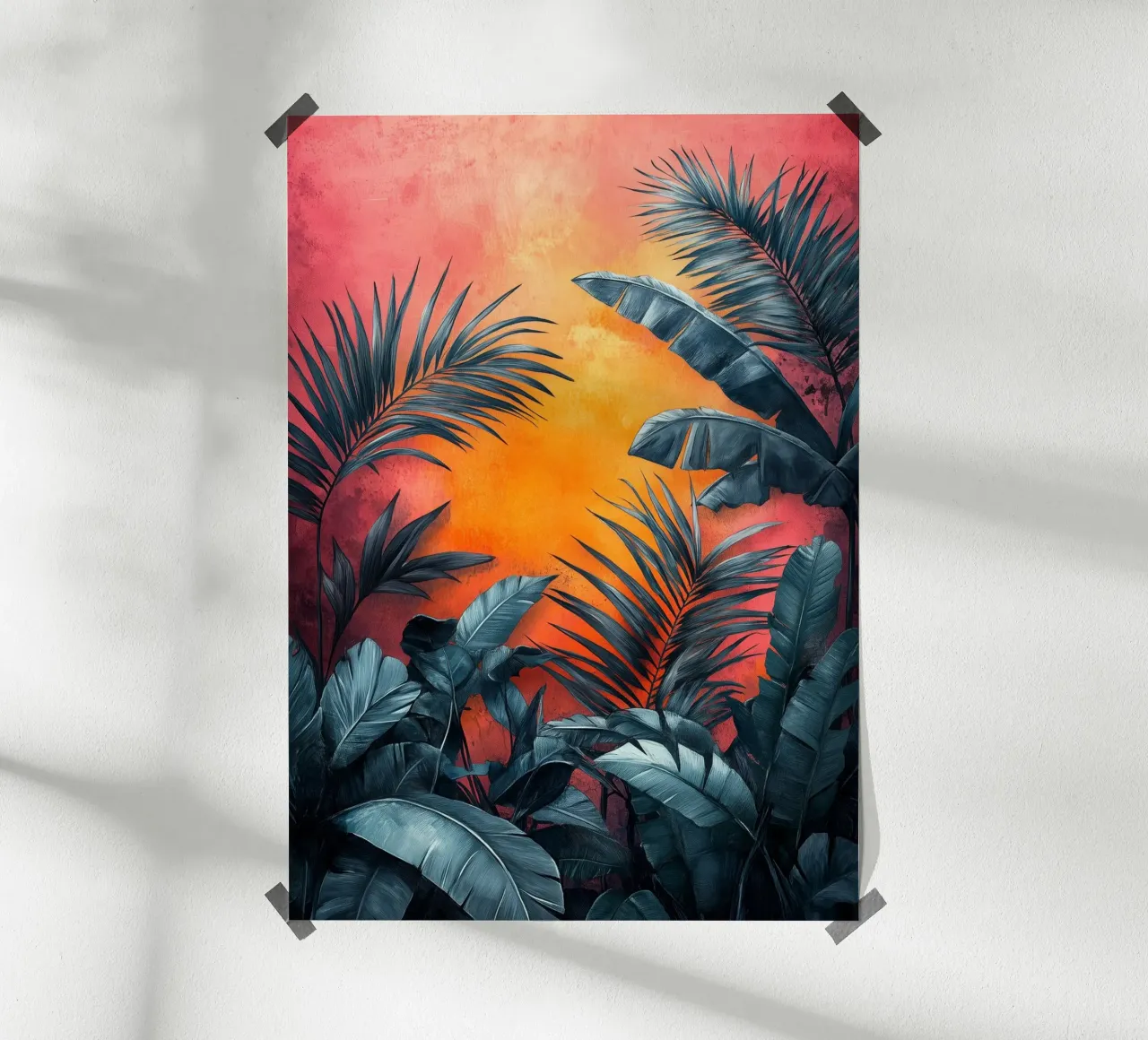 Palme e foglie tropicali poster con telaio in alluminio da Justyna Jaszke JBJart