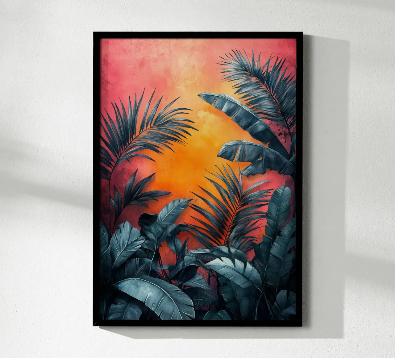 Palme e foglie tropicali poster con telaio in alluminio da Justyna Jaszke JBJart