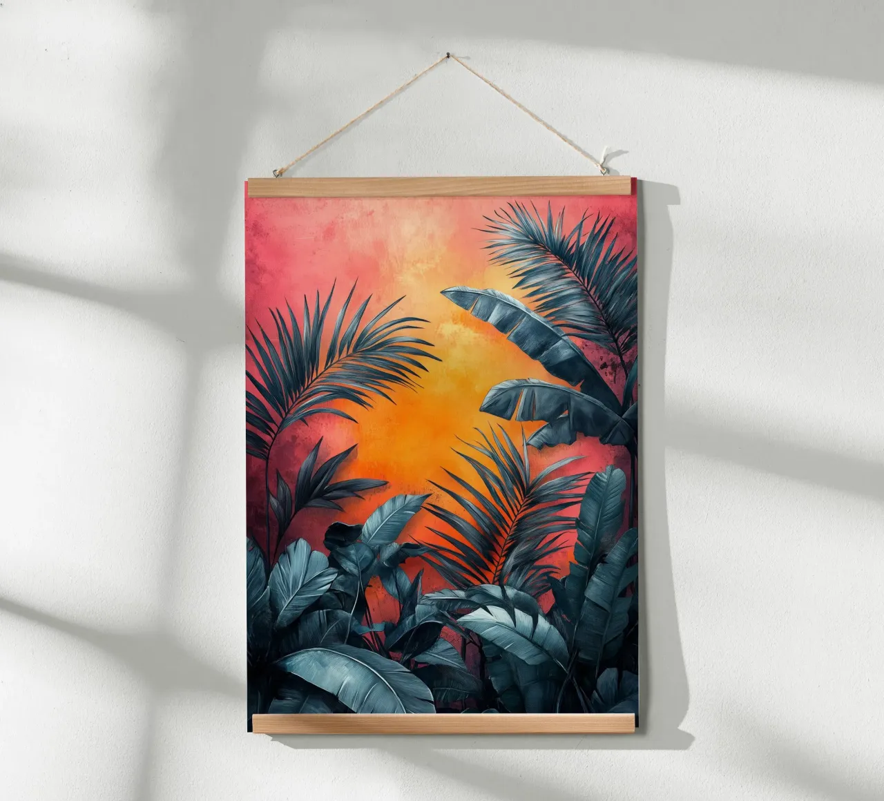 Palme e foglie tropicali poster con telaio in alluminio da Justyna Jaszke JBJart