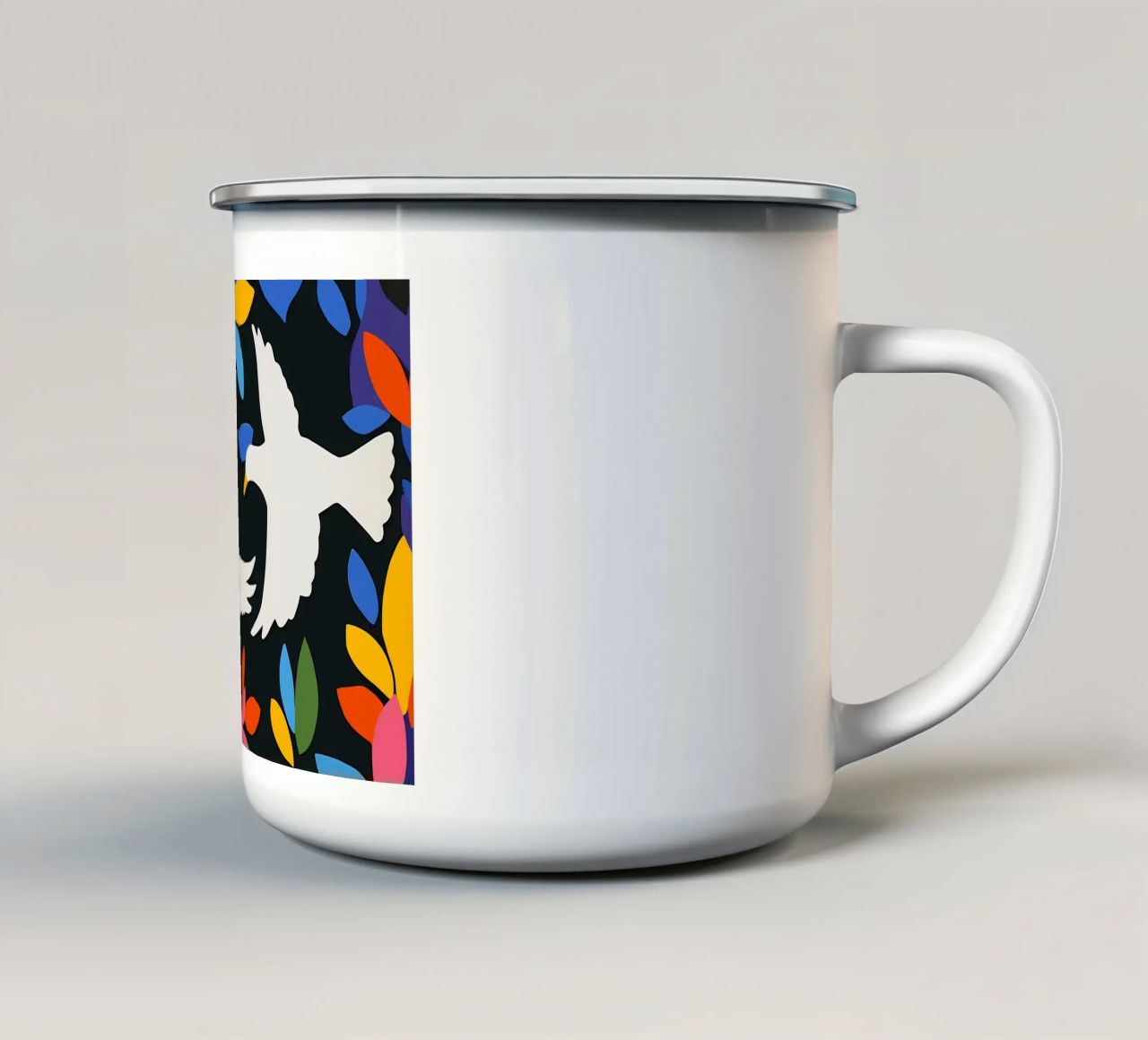 Minimal Zwei weiße Tauben im Flug Emaille Tasse von Karraker