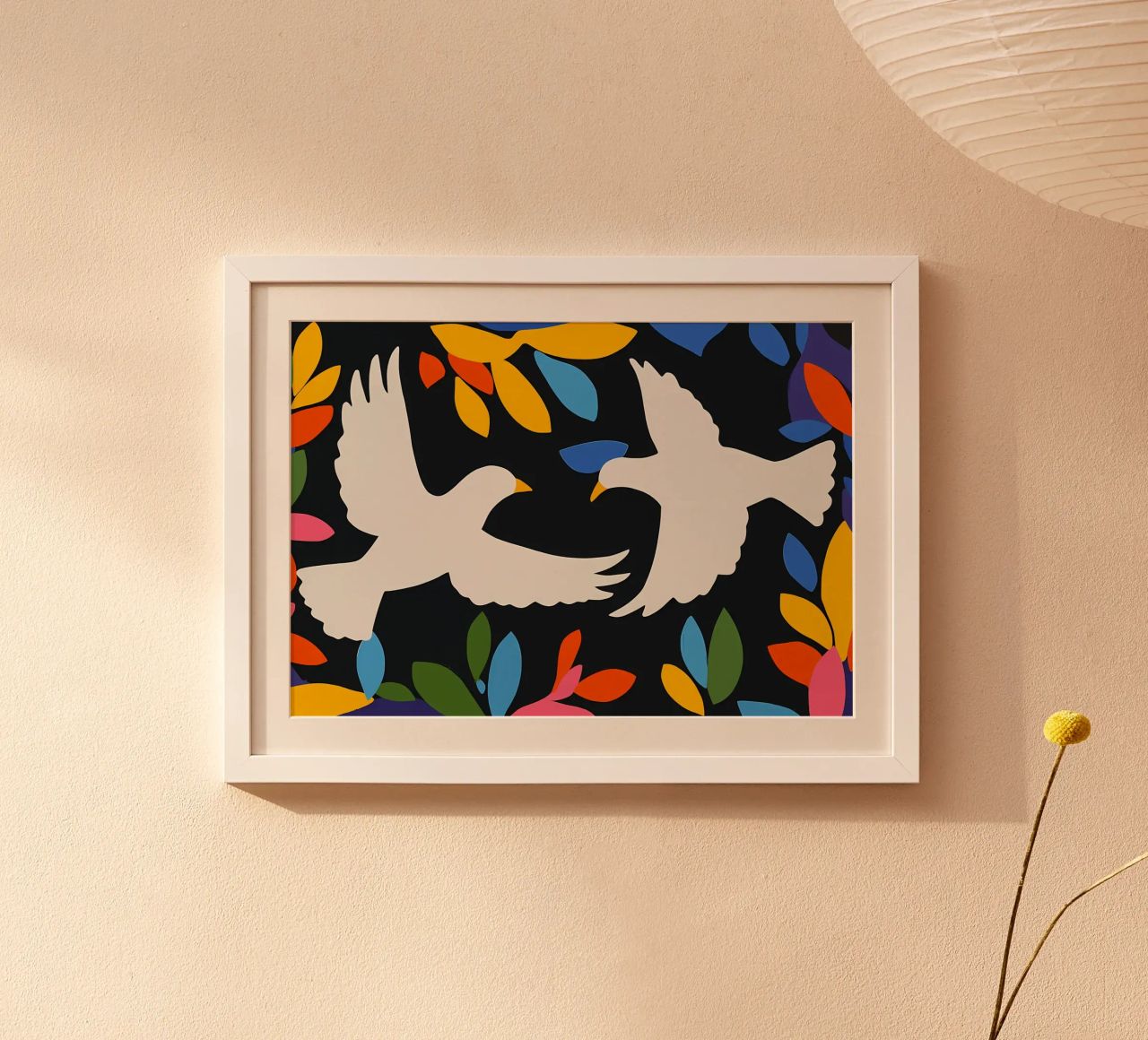 Minimal Zwei weiße Tauben im Flug Poster von Karraker