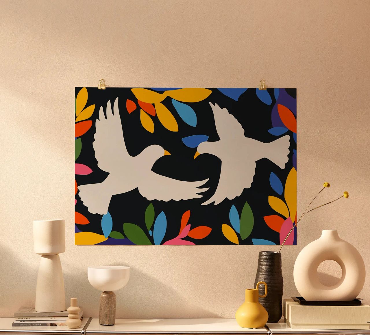 Minimal Zwei weiße Tauben im Flug Poster von Karraker