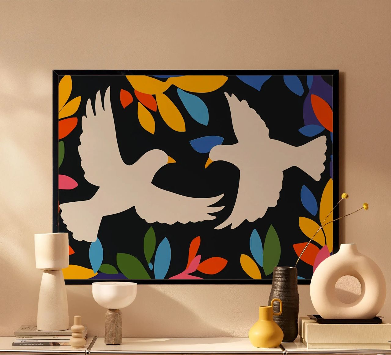 Minimal Zwei weiße Tauben im Flug Poster von Karraker